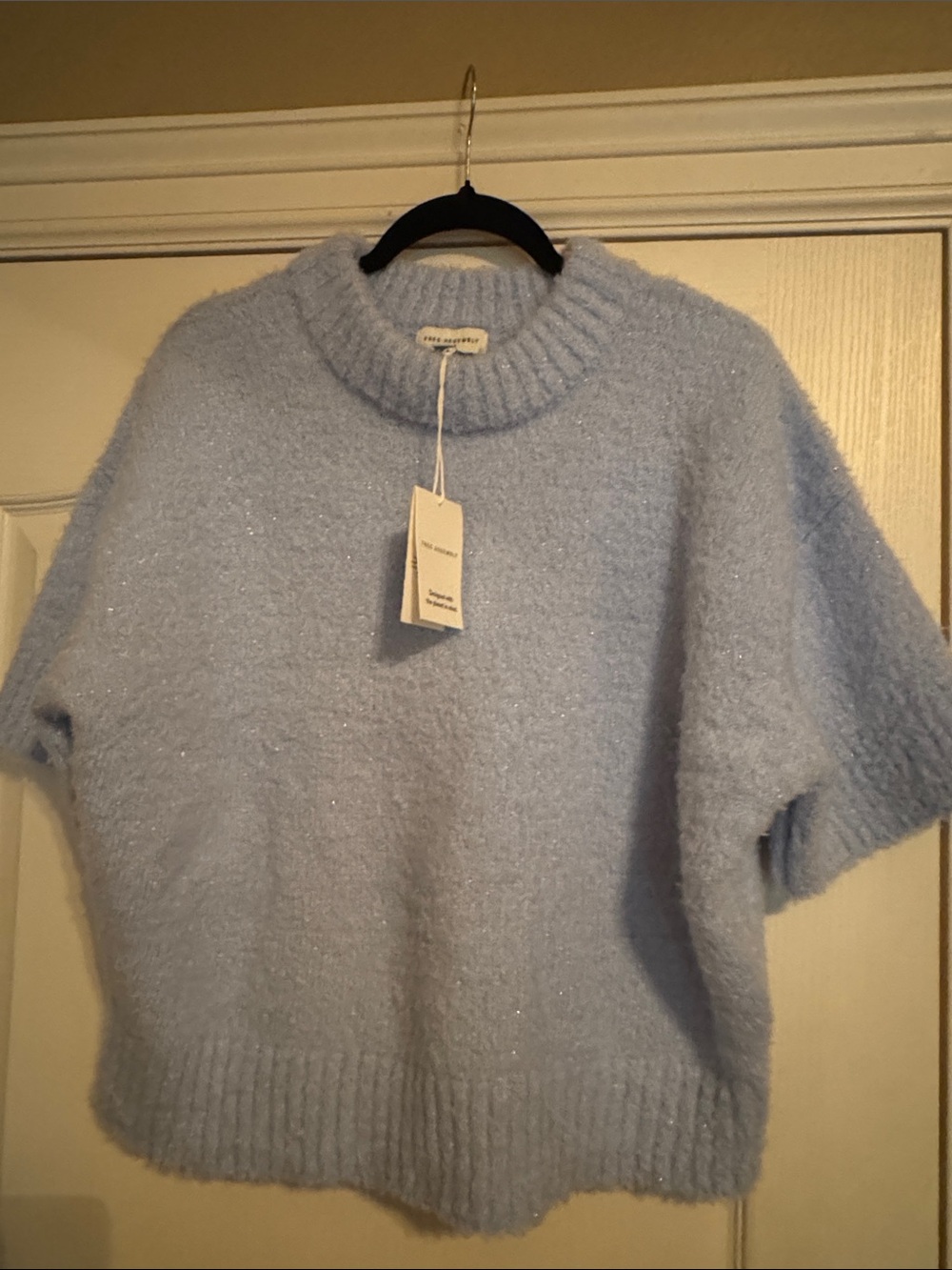 Free Assembly Women's Light Blue Mock Neck Wedge Sweater with Short Sleeves - Picture 5 of 6